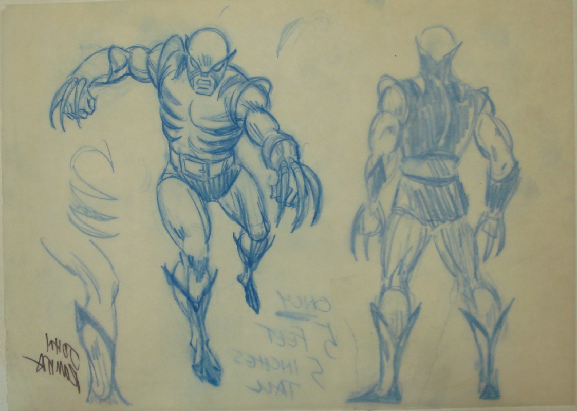 Romita then did the full-figure shots. After doing a rough version of Wolverine in action, he flipped the vellum over & did a tighter sketch on the back.