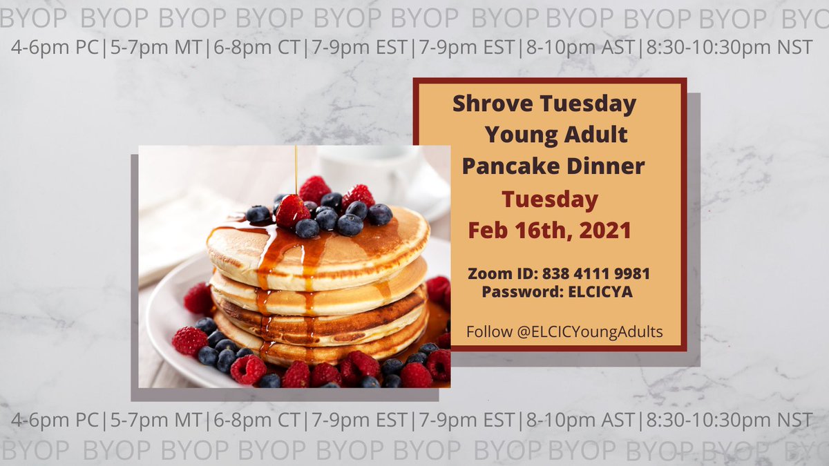 Do you also miss friends &amp; normalcy? 
⏩Come hang out Tuesday, ⏩BYOPancakes, 
⏩fight about pancake toppings
⏩discuss upcoming lent
⏩make new friends
⏩eat a lot of syrup. 
It’s called balance. 
Come as you are, leave when you’re ready 🥞
National Invitation to YCLs!