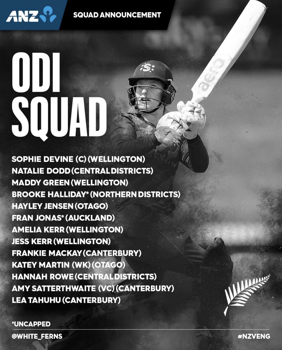 The <a href="/WHITE_FERNS/">WHITE FERNS</a> have announced their Squad to take on <a href="/englandcricket/">England Cricket</a> women in the <a href="/GJGardner_NZ/">G.J.Gardner Homes NZ</a> ODI series starting on February 23 in Christchurch including Brooke Halliday featured below 🏏

➡️ ⠀Full story on.nzc.nz/3a6mt9K

Photocredit <a href="/PhotosportNZ/">photosport.nz</a>