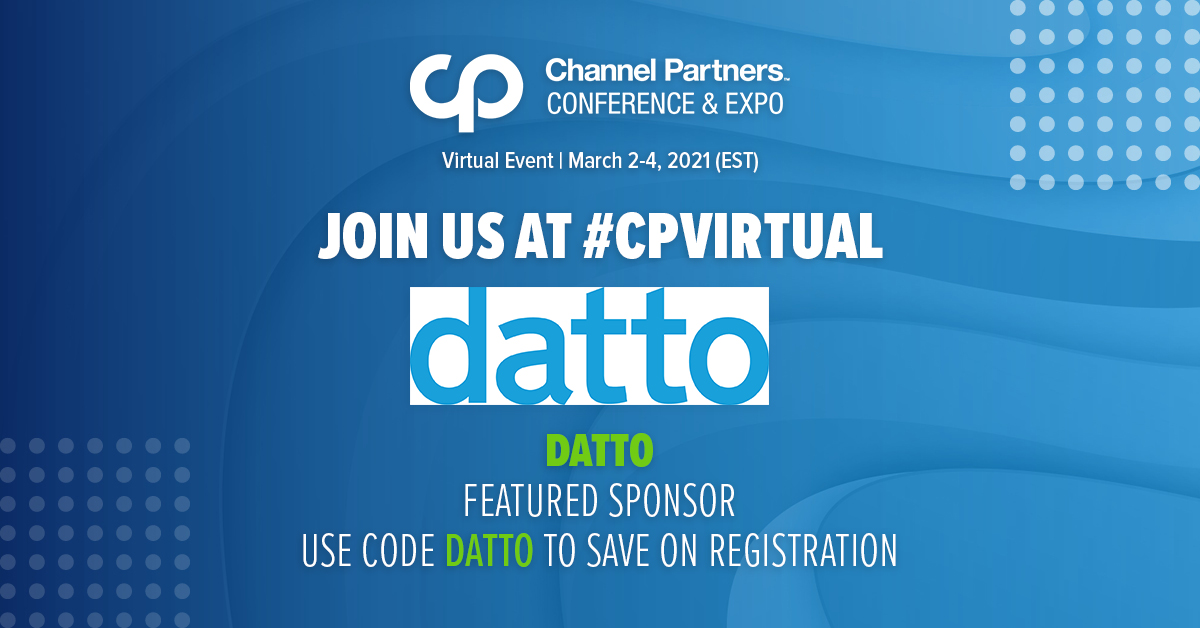 JesDiehl's tweet photo. Catch up with Datto at Channel Partners’ Virtual Event, March 2-4. https://t.co/PqrIxw50f5 Learn how our solutions can help boost your MSP game, and tune in to our VIP session on March 4th. Guest passes are available! Use code, DATTO when you register today. #CPVirtual  #Datto https://t.co/HILzYchENS