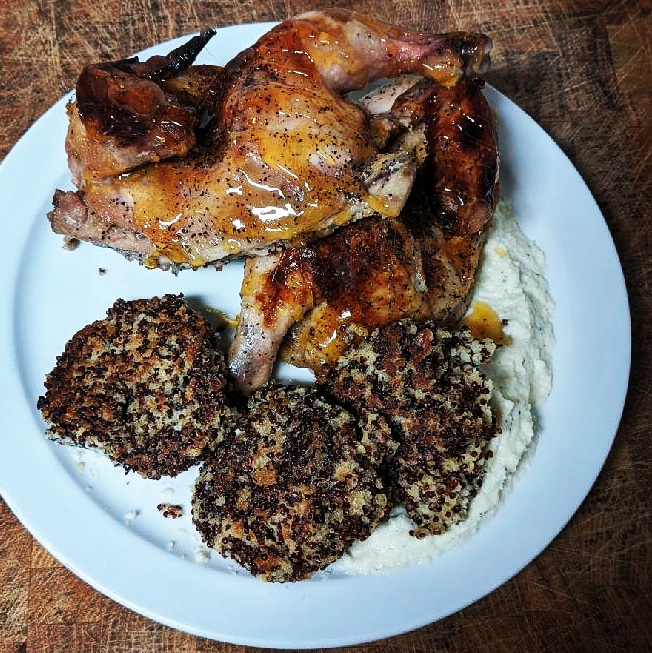 TwinLakesInn's tweet photo. One of our featured dishes for Valentine's weekend (Thurs - Sun nights) is a Cornish hen with red quinoa croquettes, cauliflower puree and an orange gastrique. Safely spaced tables plus take-out and local delivery available. Call 719-486-7965 to make your reservation or order. https://t.co/W7pEu0LiOV