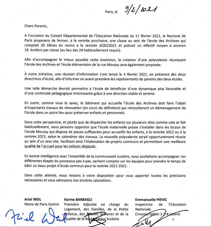 <a href="/LeMondeEduc/">Le Monde Education</a> <a href="/lemondefr/">Le Monde</a> <a href="/Le_Figaro/">Le Figaro</a> <a href="/LeParisien_75/">Le Parisien | Paris</a> <a href="/FRANCE24/">FRANCE 24</a> <a href="/BFMTV/">BFMTV</a> <a href="/20Minutes/">20 Minutes</a> <a href="/LEXPRESS/">L'Express</a> <a href="/CNEWS/">CNEWS</a> <a href="/franceinfo/">franceinfo</a> <a href="/BFMParis/">BFM Paris Île-de-France</a> <a href="/afpfr/">Agence France-Presse</a> 
Que pensez-vous de l'avenir de notre école ? Quand le bâtiment fermera, comment <a href="/MParisCentre/">Mairie de Paris Centre</a> en disposera ?  Nous n'avons pas de réponse d'<a href="/ArielWeilT/">Ariel Weil</a>...