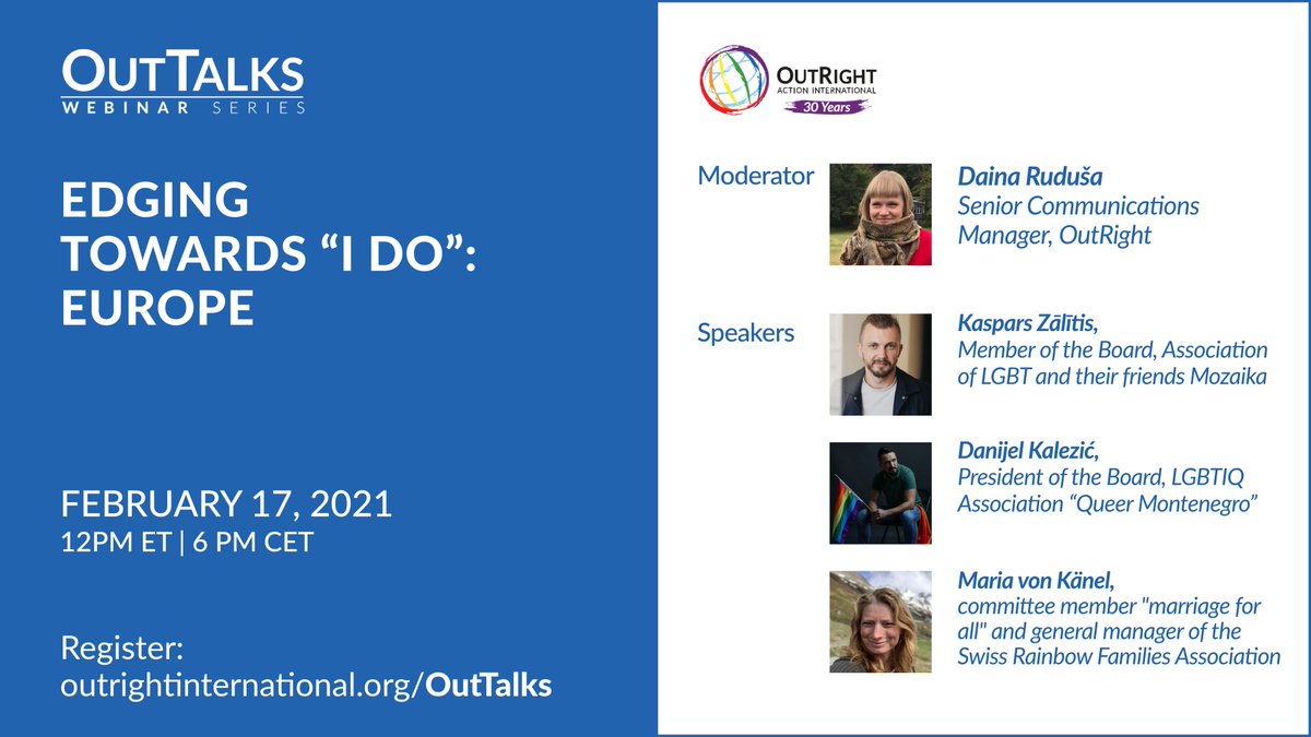 OutrightIntl's tweet photo. In the first of a series of #OutTalks focusing on the path to “I do” on February 17th we will speak to activists in #Switzerland, #Latvia and #Montenegro. 
Join this upcoming OutTalks webinar and register today: https://t.co/1ffJK5UvaX https://t.co/vIFsuPXFrd