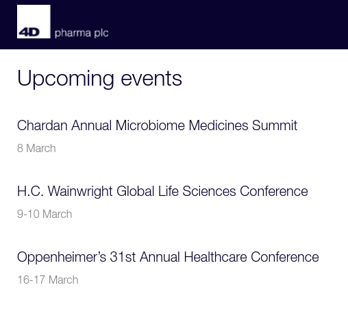 𝙋𝙞𝙥𝙚𝙡𝙞𝙣𝙚 𝙖𝙣𝙙 𝙪𝙥𝙘𝙤𝙢𝙞𝙣𝙜 𝙘𝙖𝙩𝙖𝙡𝙮𝙨𝙩𝙨4D Pharma is loaded with catalysts this year:Several March presentations Completion of merger with  $LOAC in the next 4-6 weeksExpansion of numerous trialsNew potential partnerships for trials  $LOAC