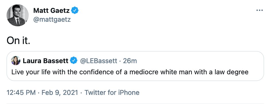 briantylercohen's tweet photo. Gaetz: You can't own me if I own myself first. https://t.co/poSrj8Gyg4