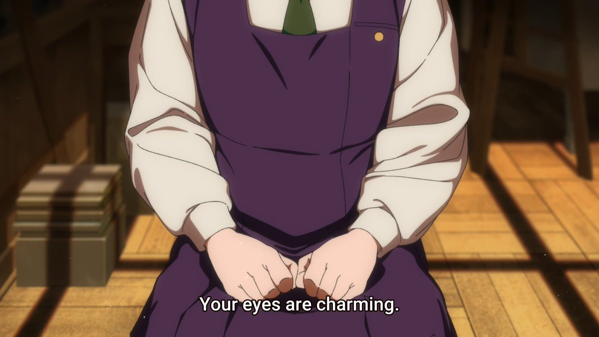 I like how Ai's eyes aren't shown in this shot as the teacher compliments them. These flashbacks are taken from Ai's perspective on herself, so it'd make sense why the camera doesn't focus on her eyes at this moment. It'd validate the teacher's compliment.