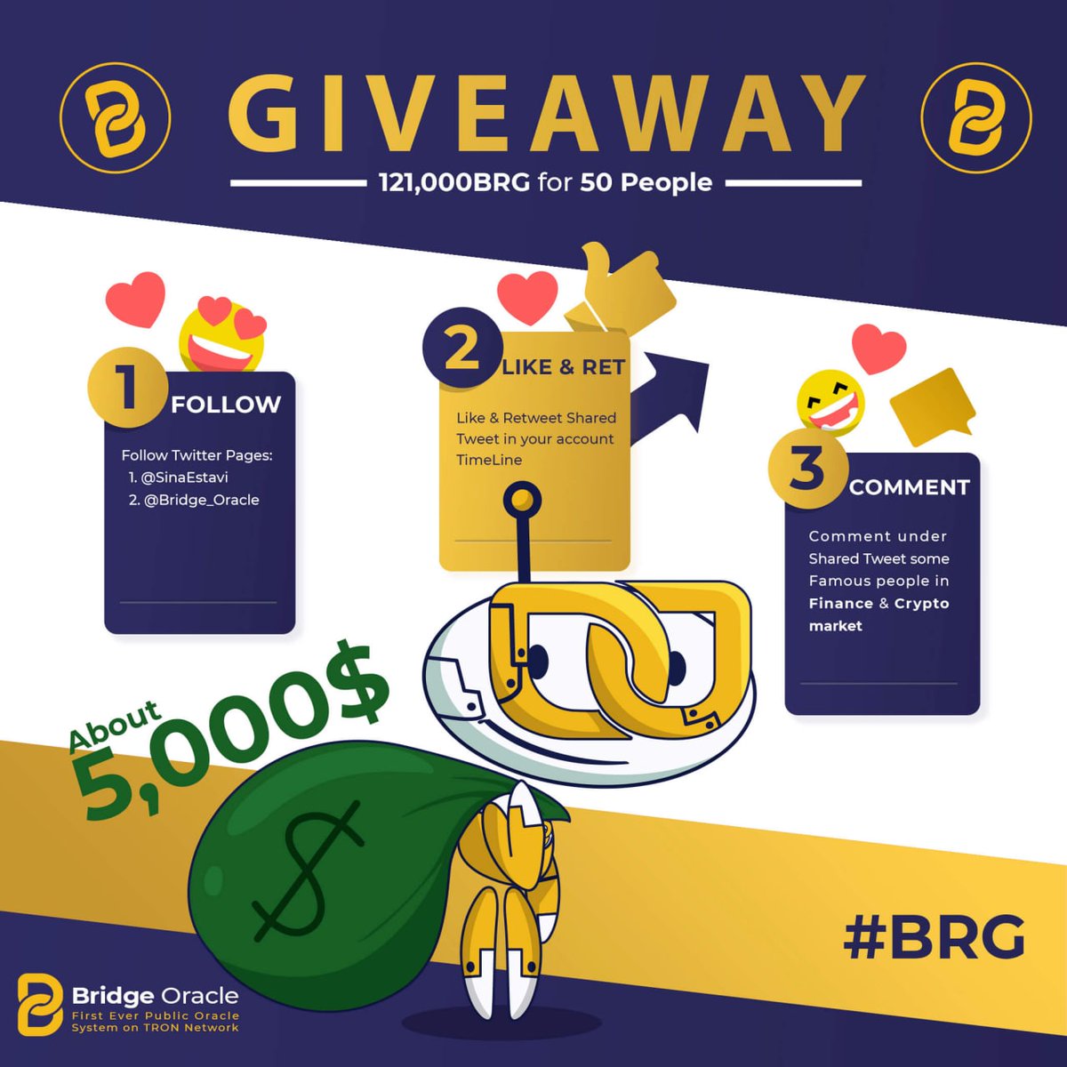 The Biggest #Giveaway for #BRG 🚀🚀

Take a Prize Form #BridgeOracle Team 🎁

We're giving away 121,000 $BRG about to $5,000 to 50 lucky winners!🏆

Follows <a href="/bridge_oracle/">Bridge AI</a> &amp; @sinaEstavi + Like &amp; RT + CM + Tag 10 Famous people in Comment of Tweet 👇🏻
