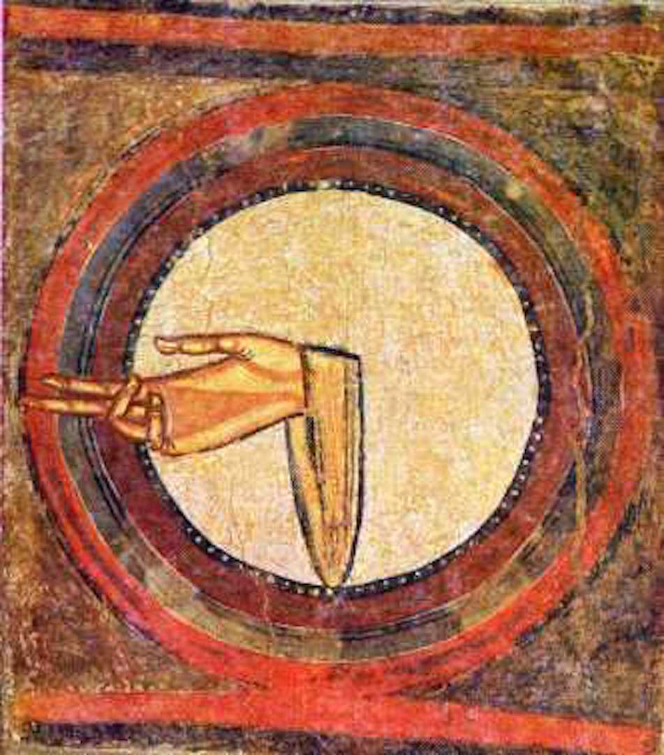 The Hand of God. God, personified in human form in Western Art, did not appear till the 10th century. Prior to that God was represented as a disembodied hand or not at all. The Hand of God as an artistic metaphor was imported from Jewish art. Examples date from the 3rd C.