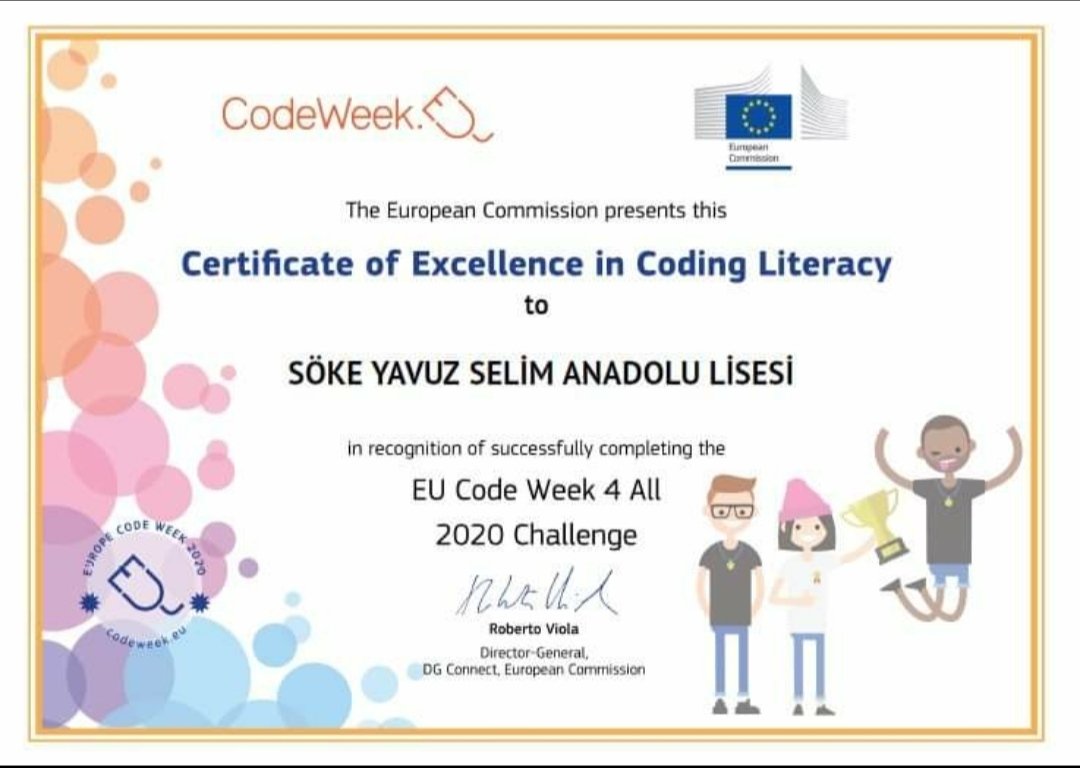 fatmaakgl09's tweet image. Söke Yavuz Selim Anadolu Lisesi olarak Avrupa Kod haftasında yaptığımız kodlama etkinlikleri için Avrupa Kod Haftası Mükemmellik sertifikası aldık. Kodlama çalışmalarına katılan tüm öğrencilerimize teşekkürler.
#codeweek2020
#codeweek4all
#codeweek
#codeweektürkiye