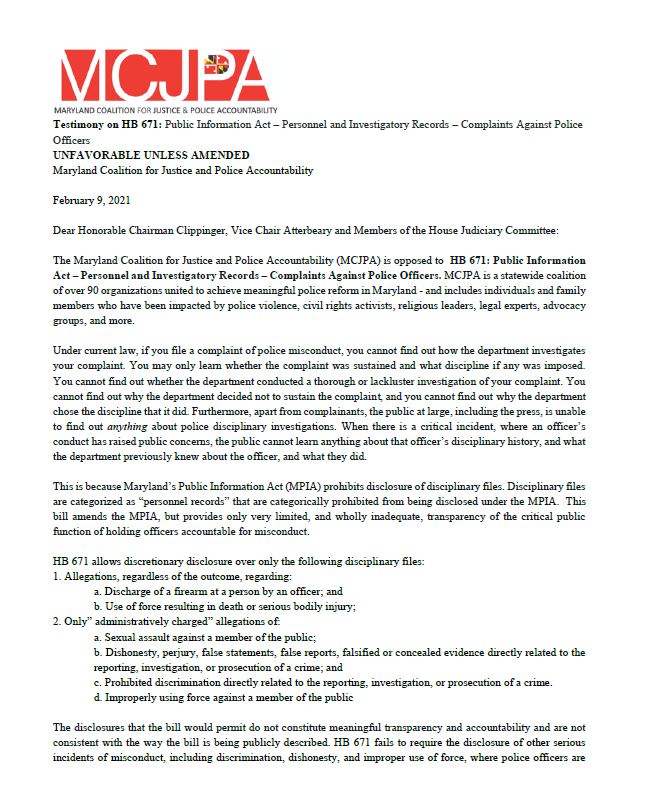 cathrynannpaul's tweet photo. MCJPA @MDPoliceReform is also opposing #HB671 and asks for the committee to move forward favorably on #AntonsLaw #HB120 (the PEOPLE's MPIA reform bill). Read our testimony opposition below here: https://t.co/rMWuBYn2b3