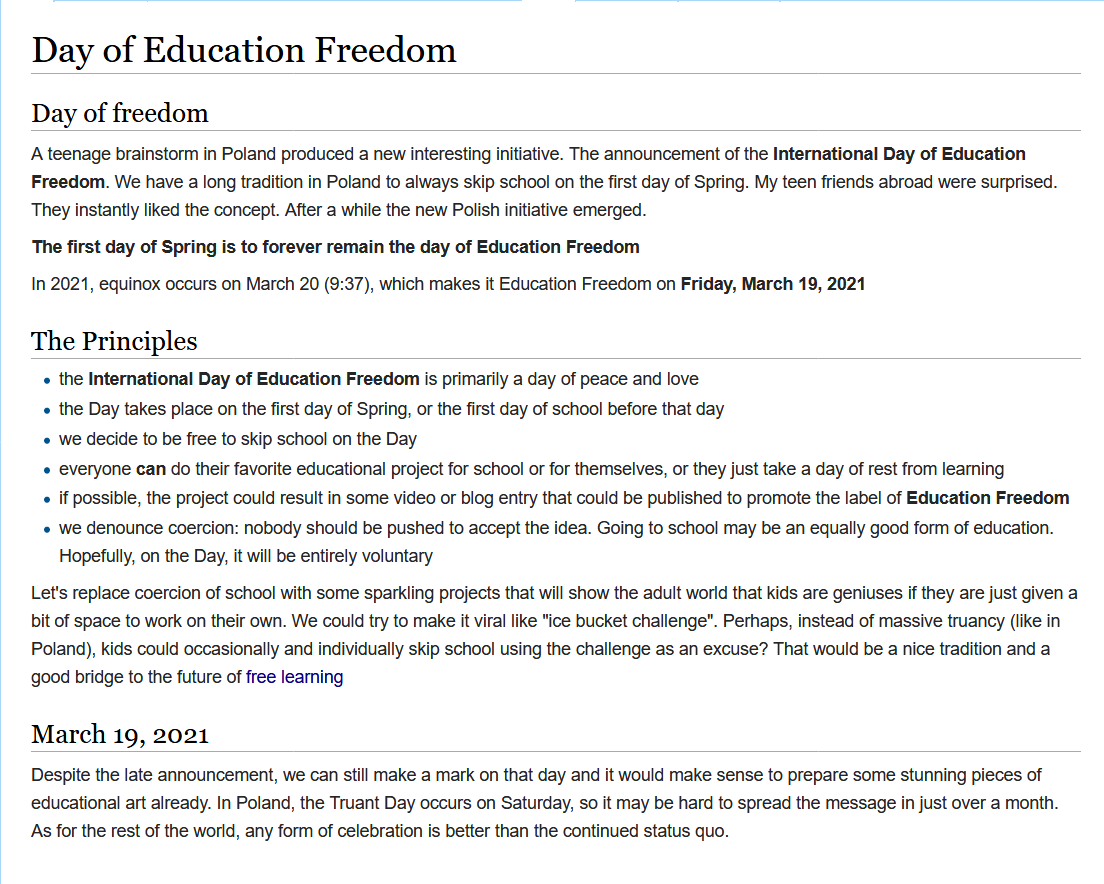 We are organizing the International Day of #EducationFreedom on March 19th. 
We decide to be free to skip school on that Day.
learning. Please get involved to #EndSchoolSlavery. More info facebook.com/permalink.php?…  #FreeLearning #SelfDirectedLearning #Unschooling