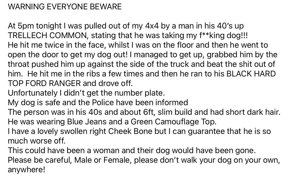 Scary times we live in. This was posted on Facebook in last hour.

#Trellech #DogTheftAwareness