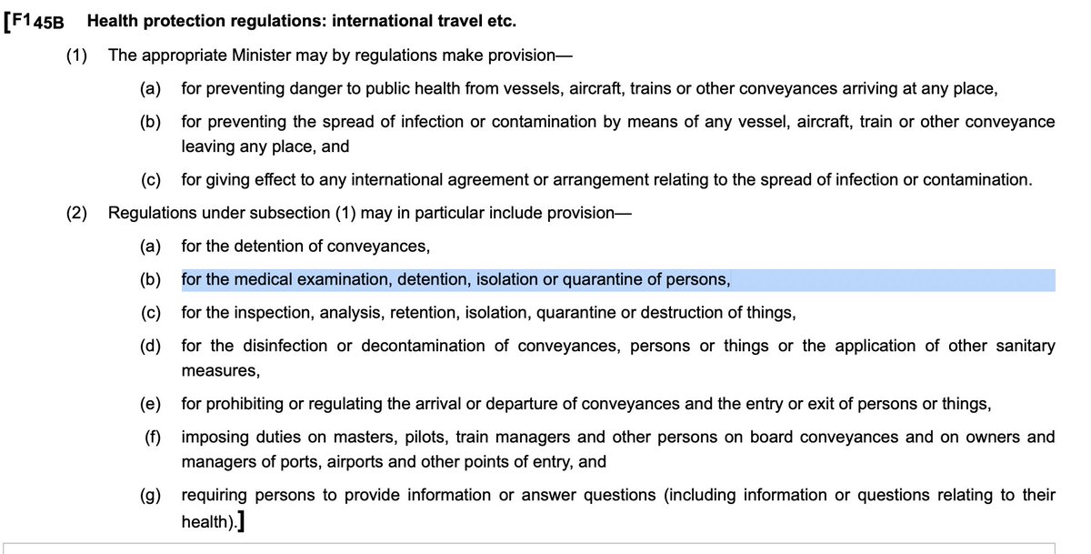 The Quarantine regulations will, I assume, be made under section 45B of the Public Health (Control of Disease) Act 1984 https://www.legislation.gov.uk/ukpga/1984/22/section/45B/4