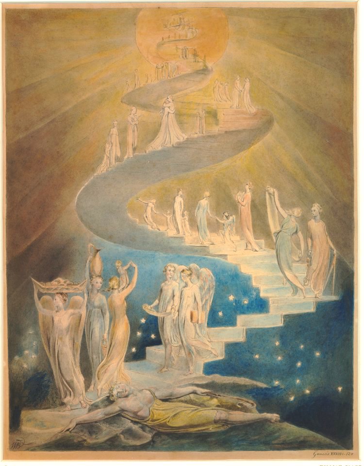 THREAD: problems depicting heaven # 6. Lack of description. In the bible the contents of Heaven include a foundations of jewels, a fountain, a river, 25 thrones, a tree, a rainbow, a blinding light & a place with many rooms where people wear white. Blake: Jacob's ladder.