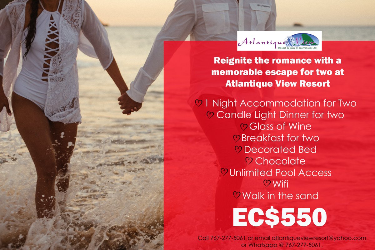 Enjoy a Valentine's day trip to the Atlantique View Resort.
Reignite the romance with a memorable escape for two to the Atlantique View Resort and Coconut Grove Restaurant.  
How to Book: Call 767-277-5061 or email atlantiqueviewresort@yahoo.com or Whatsapp @ 767-277-5061.