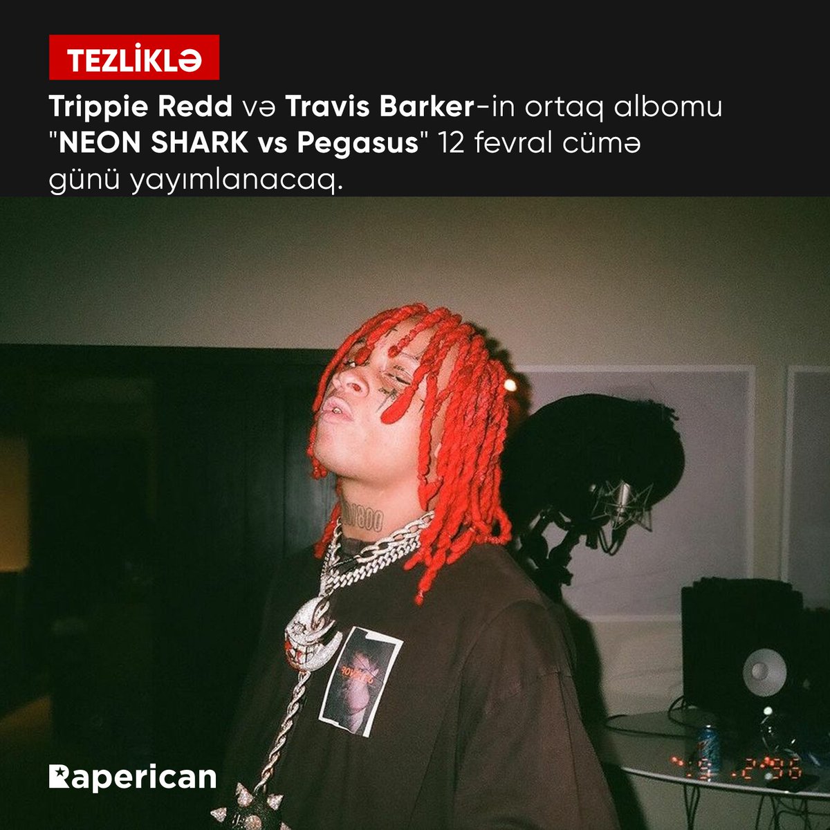 raperican's tweet image. @trippieredd and @travisbarker's collab album, 'NEON SHARK vs Pegasus,' is dropping on Friday the 19th 🐬🦄 

📸: Alex Varner

#raperican #trippieredd #travisbarker #neonsharkvspegasus