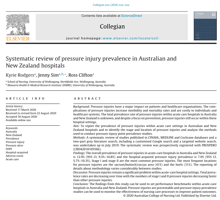 Did you know that 9.5-16.8% (95% CI) of patients hospitalised in Australia have a pressure injury? 
Between 5.7-10.3% (95% CI) of patients develop that pressure injury while in hospital #HAPI #preventable #patientsafety 
New research published in <a href="/Collegian_AU/">Collegian Journal</a> by <a href="/KyrieRodgers/">KRodgers</a>