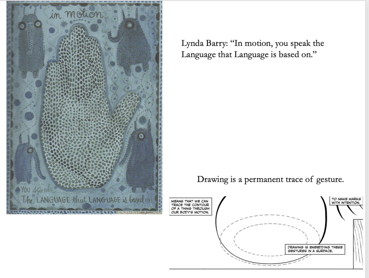some related things I shared in class that day:  @RobGMacfarlane via Ingold on R Long's A Line Made by Walking,  @NearSitedMonkey: on movement as language's core, M.Sheets-Johnstone: Movement as our original mode of thinking, Klee: a line is a dot that went for a walk... 2/3