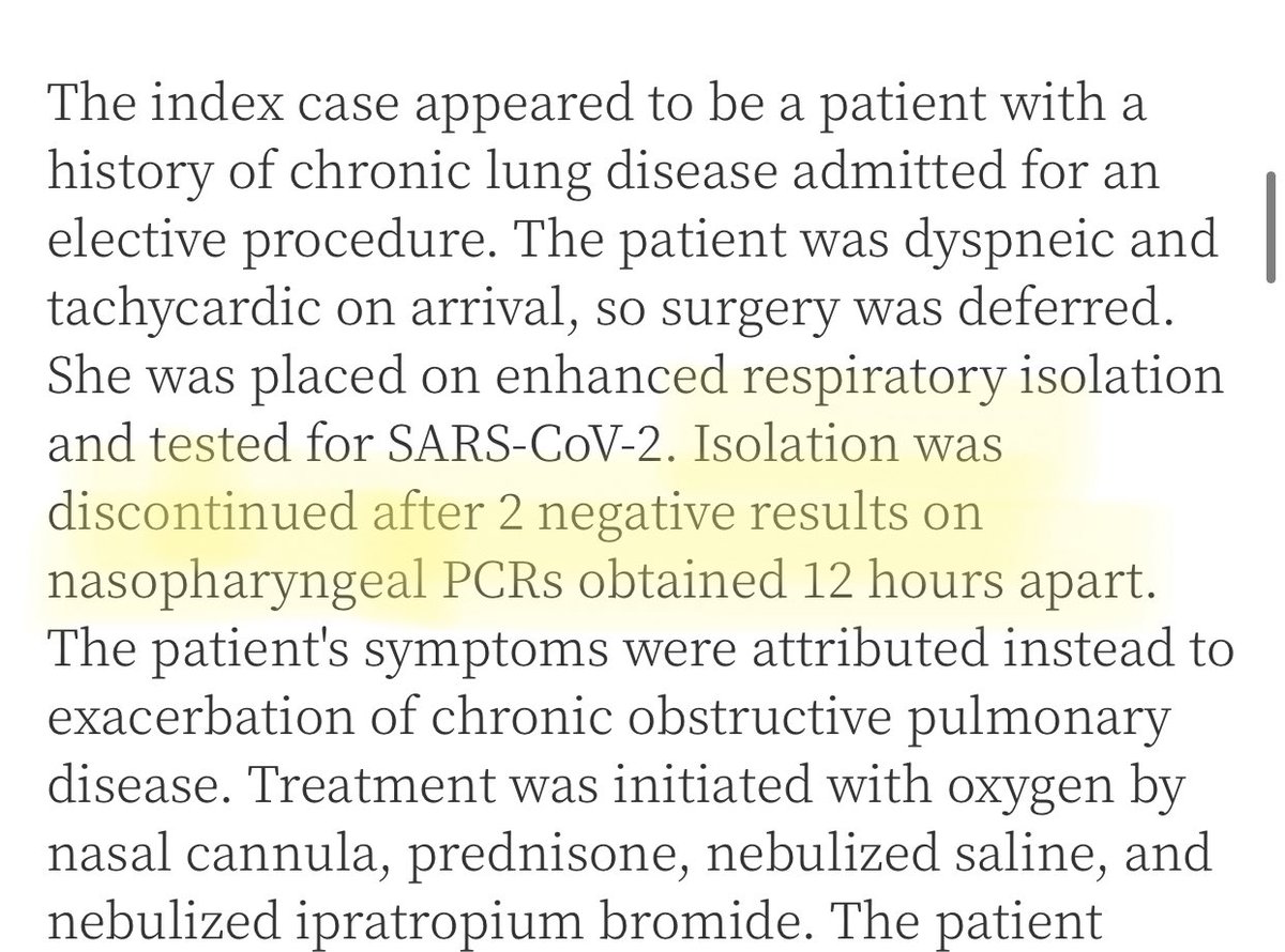 5/ Why? Because we have a universal masking policy for surgical masks + eye protection. And we only wear N95 masks if the patient is on enhanced respiratory precautions. The index case, after two neg tests, despite ongoing symptoms, was removed from these precautions.  #covid19