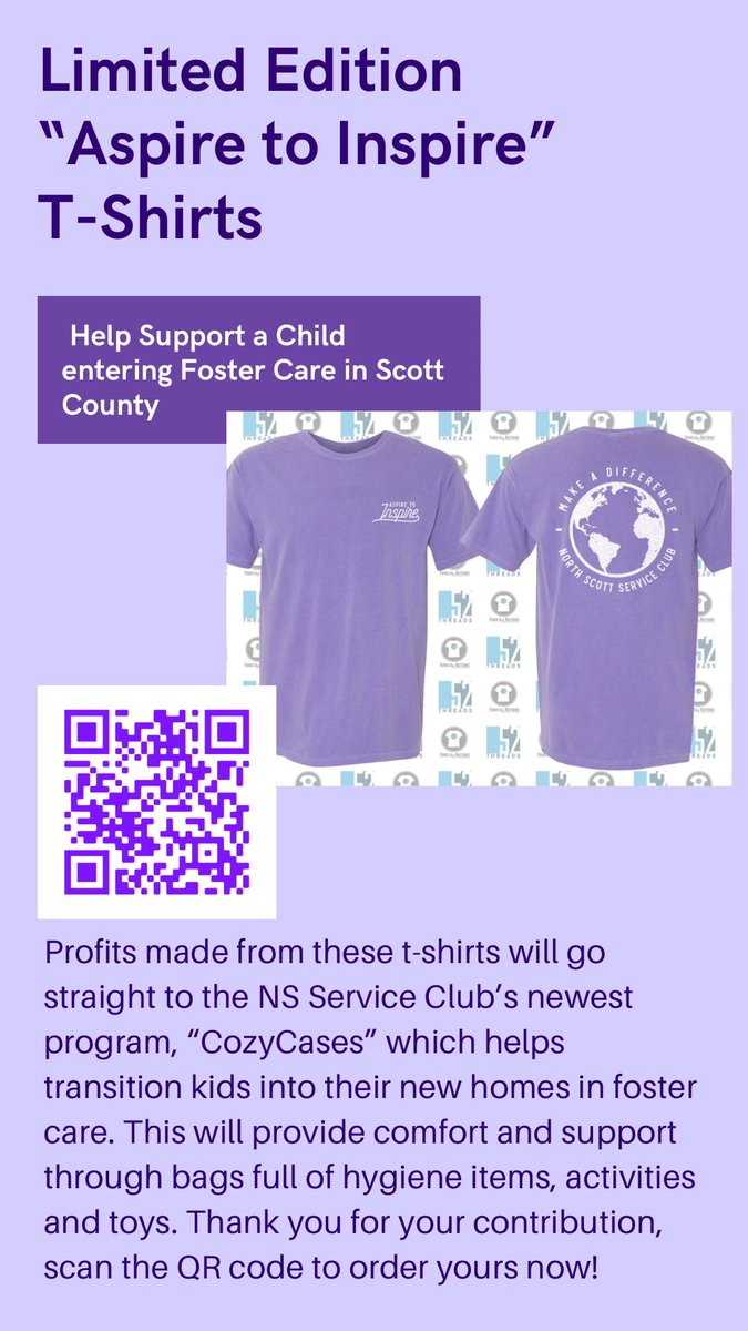 Don’t forget to order your LIMITED EDITION “Aspire to Inspire” T-shirts to aid in funding for Service Club’s newest program “CozyCases” to help children all over the SCOTT COUNTY transition into their foster homes! 💜 Google form below! :)

forms.gle/oiYTTzPN31Te3M…