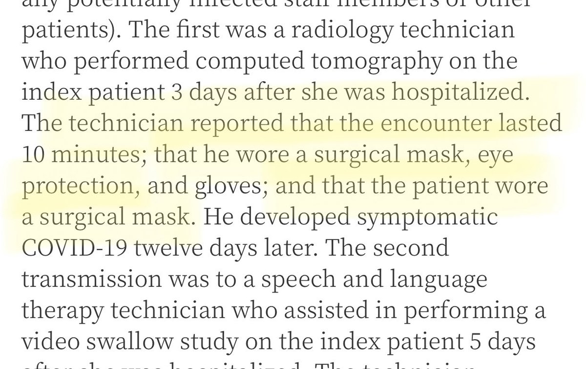 8/ So here we now have a case of  #covid19 transmission between patient & staff despite both wearing surgical masks; and the staff also wearing eye protection. And as the authors point out, it is exceedingly difficult to isolate this bc usually have many confounding contacts