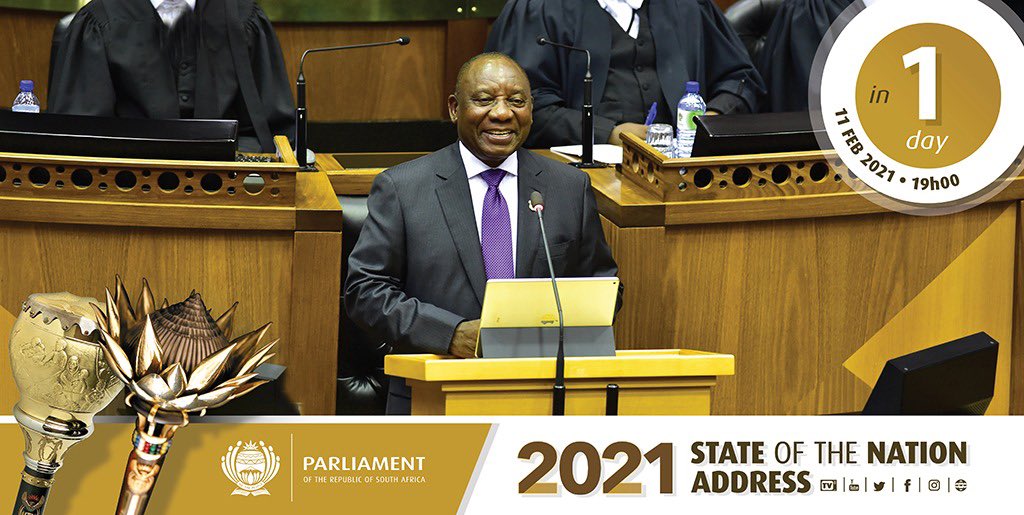 ParliamentofRSA's tweet image. Tomorrow, 11 February 2021 at 19h:00, President Cyril Ramaphosa will deliver the State of the Nation Address to a Joint Hybrid Sitting of Parliament. @PresidencyZA @GCISMedia