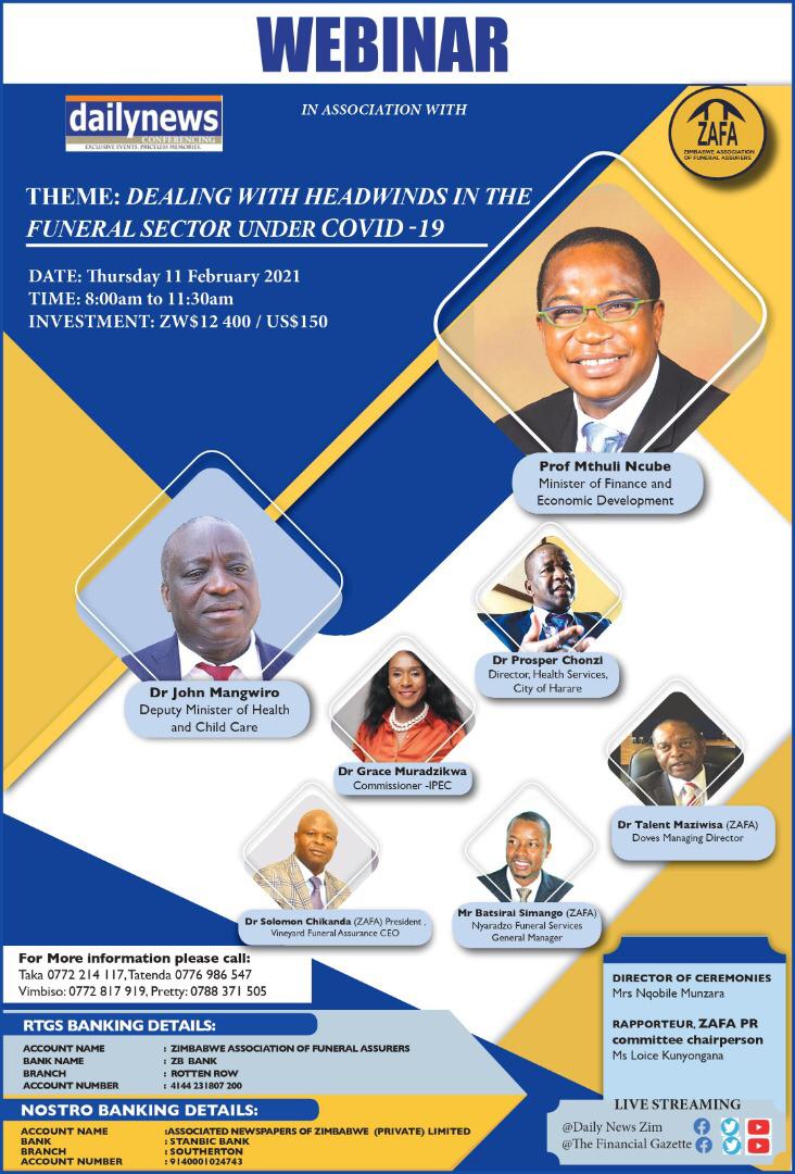 COVID-19 has had a negative impact on the funeral services sector. Register here to join the discussion hosted by @DailyNewsZim 

bit.ly/3aN6zAt

@IPECZW 
@ZimTreasury
@MoHCCZim 
@Nyaradzo_Group 
@zafaFuneralAsso 
@cohsunshinecity 
@doves_holdings 
@VineyardFuneral