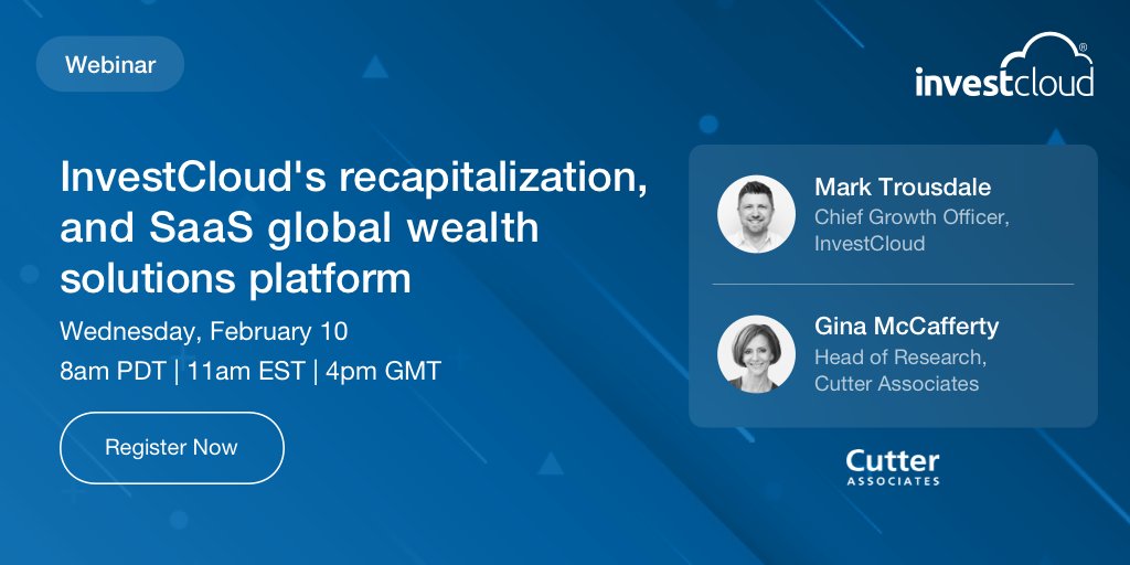 InvestCloud's tweet photo. Curious about InvestCloud's recent #news? There is still time to register for tomorrow's @CutterAssociate #webinar!

@marktrousdale will explore what our recent recapitalization &amp; the integration of two companies means for the industry.

Register here: https://t.co/LYDHhVgjkC https://t.co/a6gHNNG2TQ