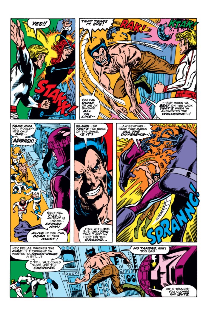 X-Men #98 is also the first time we see a shirtless, hairy Wolverine, learn that his claws are definitively not part of his gloves/costume, and see the first time he fights a Sentinel.