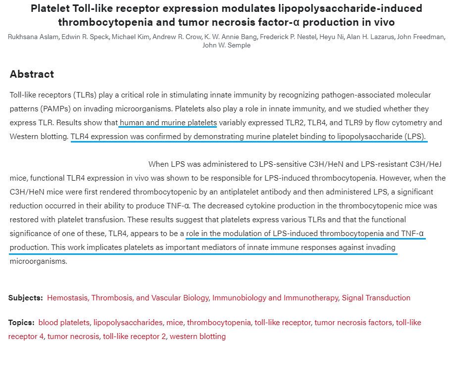 Platelet Toll-like receptor expression modulates lipopolysaccharide-induced thrombocytopenia and tumor necrosis factor-α production in vivo https://ashpublications.org/blood/article/107/2/637/131471