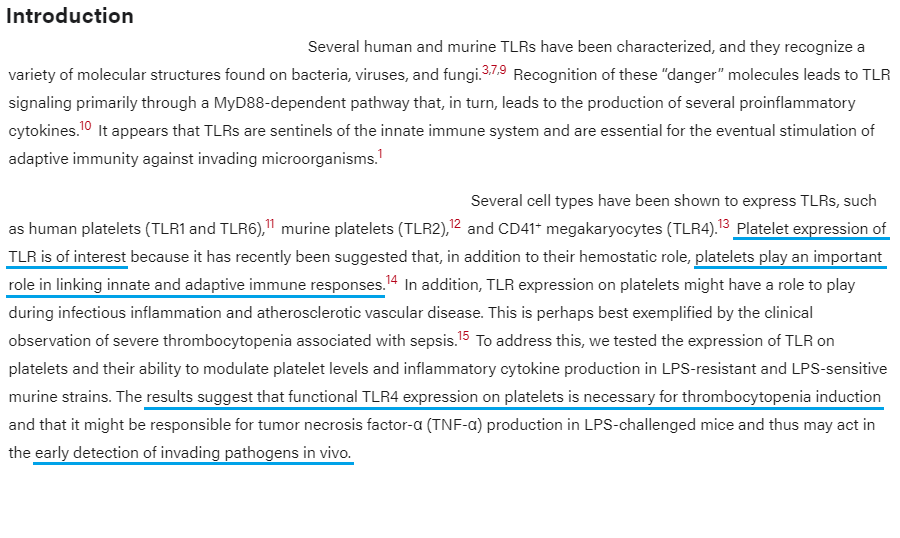 Platelet Toll-like receptor expression modulates lipopolysaccharide-induced thrombocytopenia and tumor necrosis factor-α production in vivo https://ashpublications.org/blood/article/107/2/637/131471