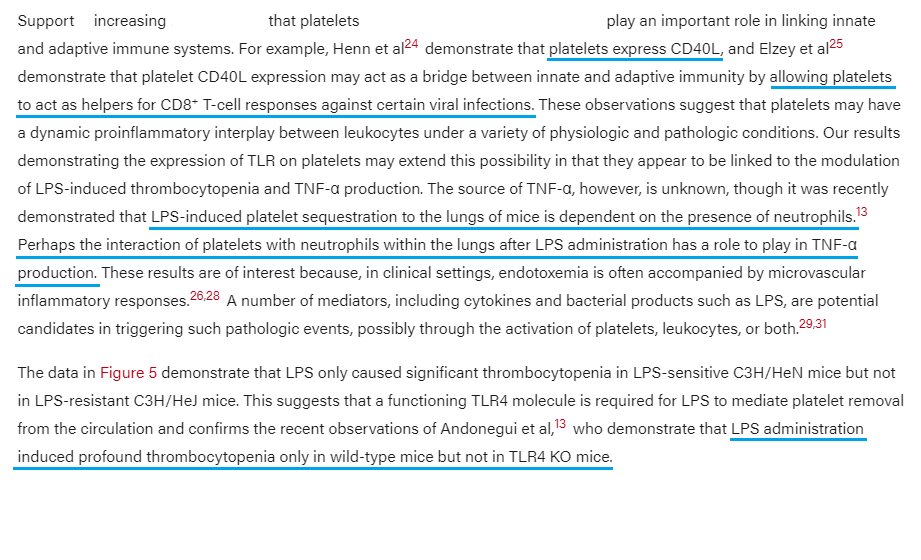 Platelet Toll-like receptor expression modulates lipopolysaccharide-induced thrombocytopenia and tumor necrosis factor-α production in vivo https://ashpublications.org/blood/article/107/2/637/131471
