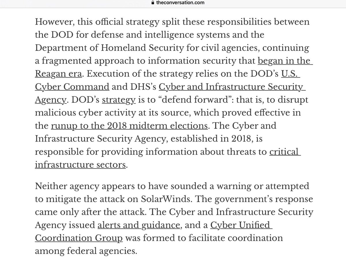 This article identifies the “fragmented approach to information security” between DOD and DHS as a vulnerability. https://twitter.com/inteloperator/status/1359266069647683589?s=21