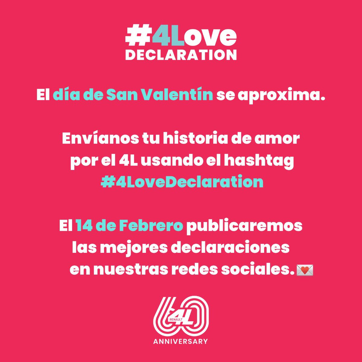 RenaultMX's tweet photo. El día de San Valentín se aproxima y también el 60 aniversario del Renault 4L.
Para celebrarlos, este 14 de febrero publicaremos las mejores historias en nuestras redes sociales.
Publica tu historia de amor por el 4L usando el hashtag #4LoveDeclaration. https://t.co/SNdClefvRv