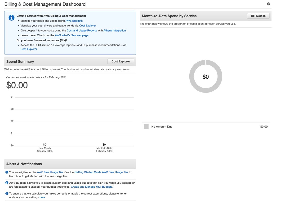 The billing dashboard opens before me. Given that I've not stood up a single billable resource so far, AWS swings into action, urging me to purchase a Reserved Instance.