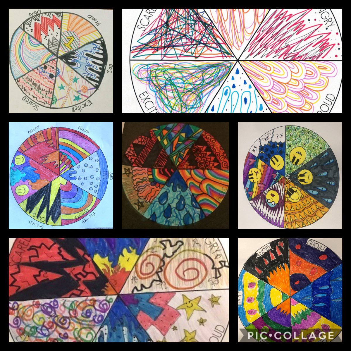 MrGonzalez_5's tweet photo. Learning about mental health &amp; talking about our emotions, students used elements of line, design and colour to depict how each emotion makes them feel on their wheel of emotions. @FFMfit @FFMcGinnCES @YCDSB_MH https://t.co/fEkXjAScr9