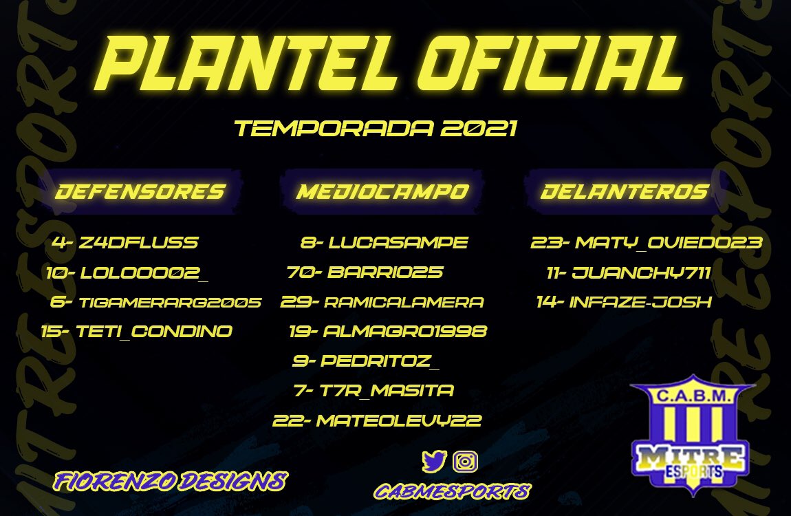 Mitre eSports (@cabmesports) on Twitter photo !PRESENTACIÓN DEL PLANTEL! ⚽️🎮
Estos son los 14 jugadores que van a estar compitiendo en la tercera división de <a href="/IESAFIFAar/">IESA Argentina</a>.
Como siempre queremos agradecer a <a href="/FiorenzoDesigns/">Fiorenzo Designs</a> por el diseño!
#VamosMitre #ArrancaIESA !PRESENTACIÓN DEL PLANTEL! ⚽️🎮
Estos son los 14 jugadores que van a estar compitiendo en la tercera división de <a href="/IESAFIFAar/">IESA Argentina</a>.
Como siempre queremos agradecer a <a href="/FiorenzoDesigns/">Fiorenzo Designs</a> por el diseño!
#VamosMitre #ArrancaIESA