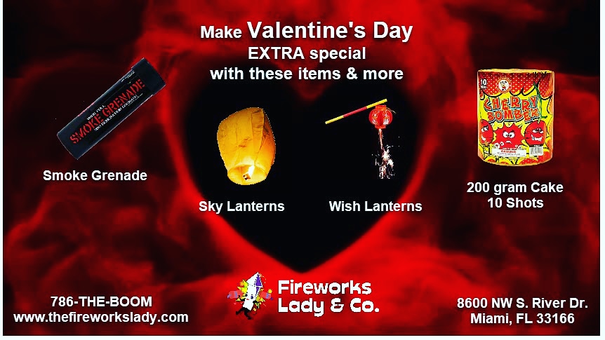 FireWorks_Lady's tweet image. Make this Valentine EXTRA special! We are local so you can come in or order online! CALL US 786-THE-BOOM or go to thefireworkslady.com #valentinesday #fireworks #skylantern #smokegrenadephotography #celebrate #love #bestgiftever  #likes #like #follow