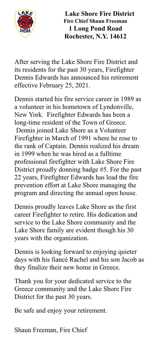 An announcement from Chief Freeman. Best of luck FF Edwards!