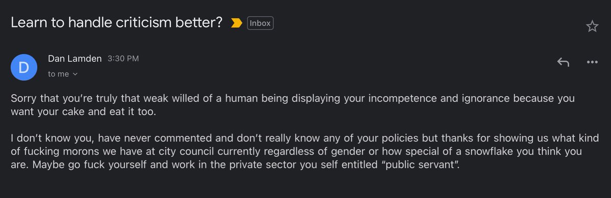 This is what kind of correspondence you get when you talk about creating a safe workplace, and a forum for constructive discussion and you happen to be a woman or POC in politics. Will be adding to this thread as we go along... #yegcc