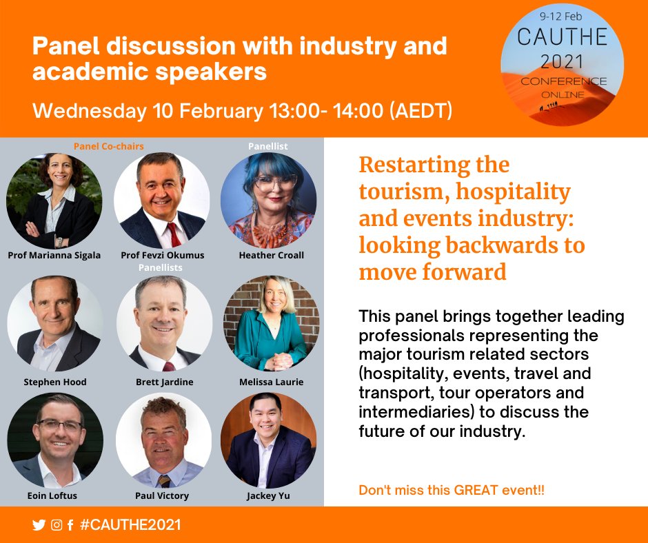 Cauthe2021's tweet photo. Coming up #cauthe2021 1pm (AEDT):
Panel discussion with industry and academic speakers
Restarting the tourism, hospitality and events industry: looking backwards to move forward. The concurrent sessions will follow (2-3pm).
See you soon at #Cauthe2021 https://t.co/sscq2FCHKQ