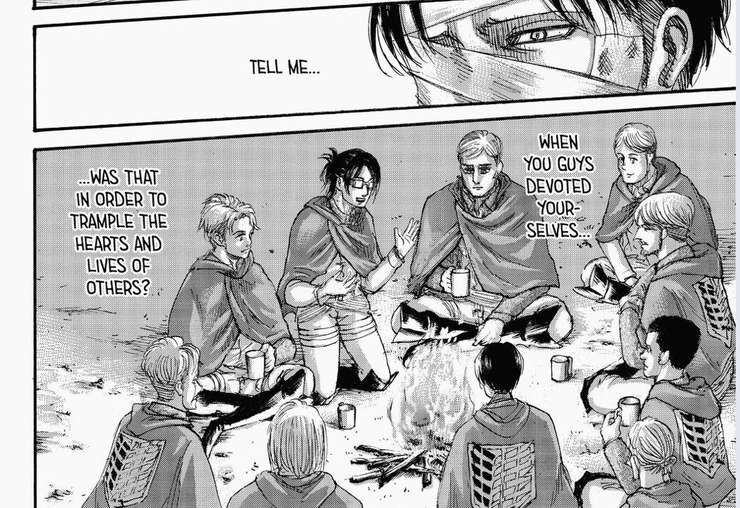 In addition Levi reveals that it was Armin’s idealistic nature that reflects the dream of the scouts and is what helped him decide to save him back in RTS. The optimism for the future is what pushed the scouts forward through hell.