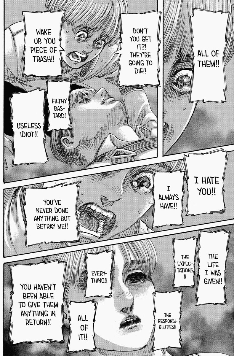 outside the walls which is a contributor to all the death that the rumbling brings. We see this dark side in Armin himself in 136 where his hopes always lead to him being disappointed and thus leads to his self loathing. When hope leads to despair it can bring destructive