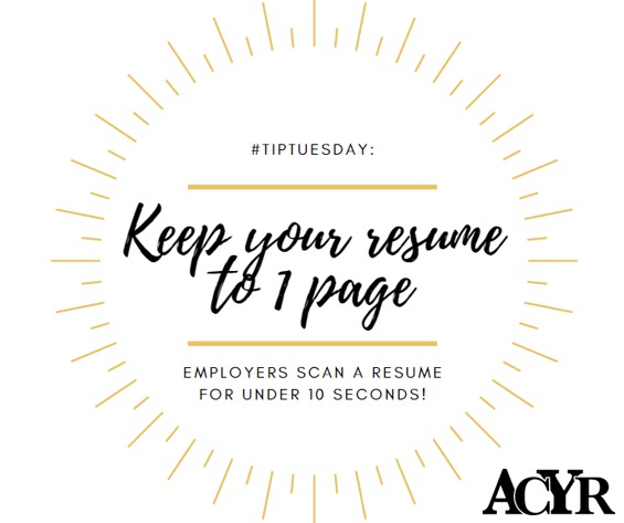 You want to your resume to be  clean and easy to read, to allow for scannability. 

Learn what to include in your resume and more at ACYR's Resume Building and Cover Letter Workshop on Thursday! 

Sign up at: eventbrite.com/e/resume-build… 

#TipTuesday #ResumeTip #JobReadiness #ACYRAZ