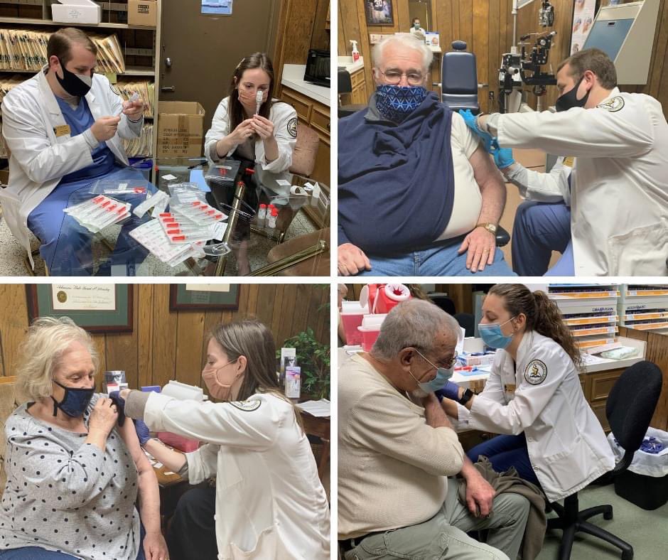 HUPharmacy's tweet photo. P2s Emma Baird, Brooke Halford, and Austin Kocher recently had to opportunity to administer COVID-19 vaccines with Stotts Drug Store at Dacus Eye Clinic in Searcy. #weareinthistogether #COVID19 #healthyatHUCOP https://t.co/MZxc4yZOHZ