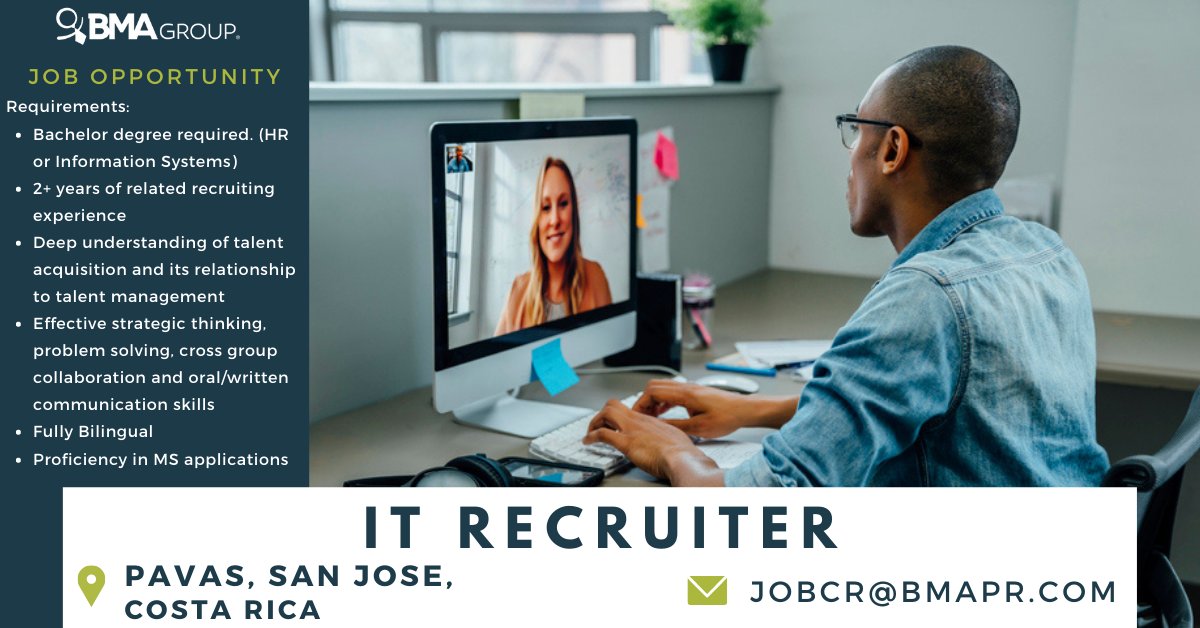 BMAGroupGlobal's tweet photo. Job Opportunity for recruiters in Costa Rica! Click here: https://t.co/tdJgIutbhN to send us your resume!

#recruitment #BMAGroup #CostaRica https://t.co/2HkYo7PZ5y