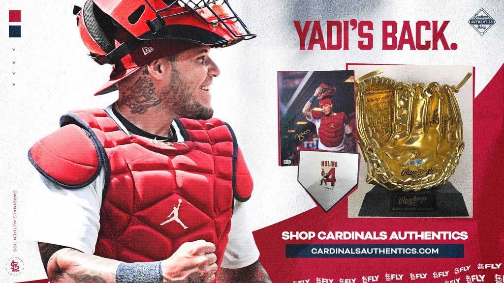 CardsAuthentics's tweet photo. The 🐐is back! Head over to 👉https://t.co/T3nd6MLUKV & celebrate his return by snagging @Yadimolina04 items! Want #gameused or #teamissued gear? Email gameused@Cardinals.com for a list of available items! #baseball #catcher #legacy Welcome back to the 🐐himself - #4! https://t.co/P7ulcQZuQ1