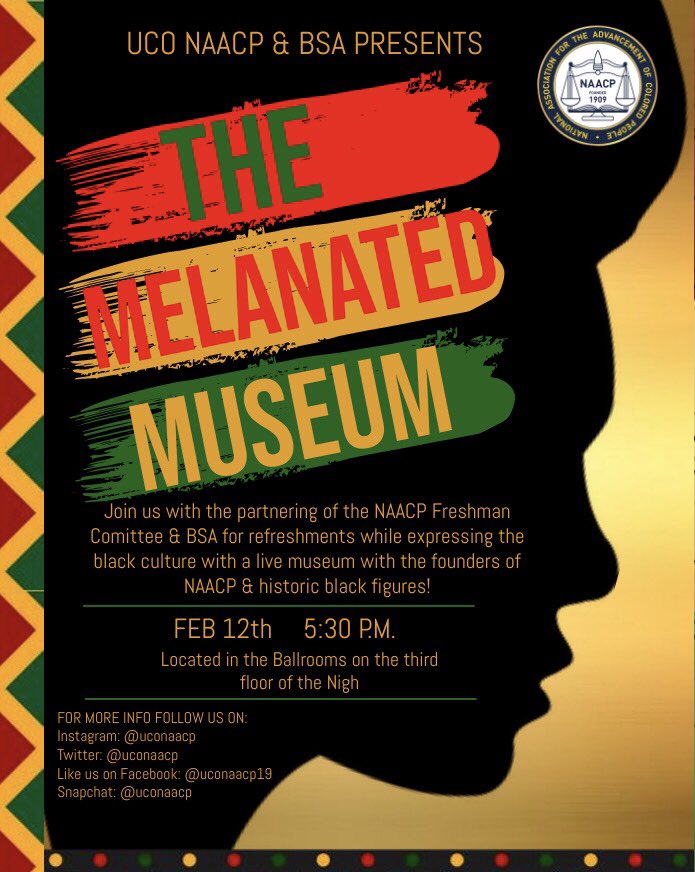 NAACP is hosting our first event of the semester with the partnering of our freshman committee &amp; BSA! 🔈 Join us this FRIDAY at 5:30 p.m. &amp; step into the Melanated Museum with refreshments while meeting the founders of NAACP &amp; other black great historic figures! 📽