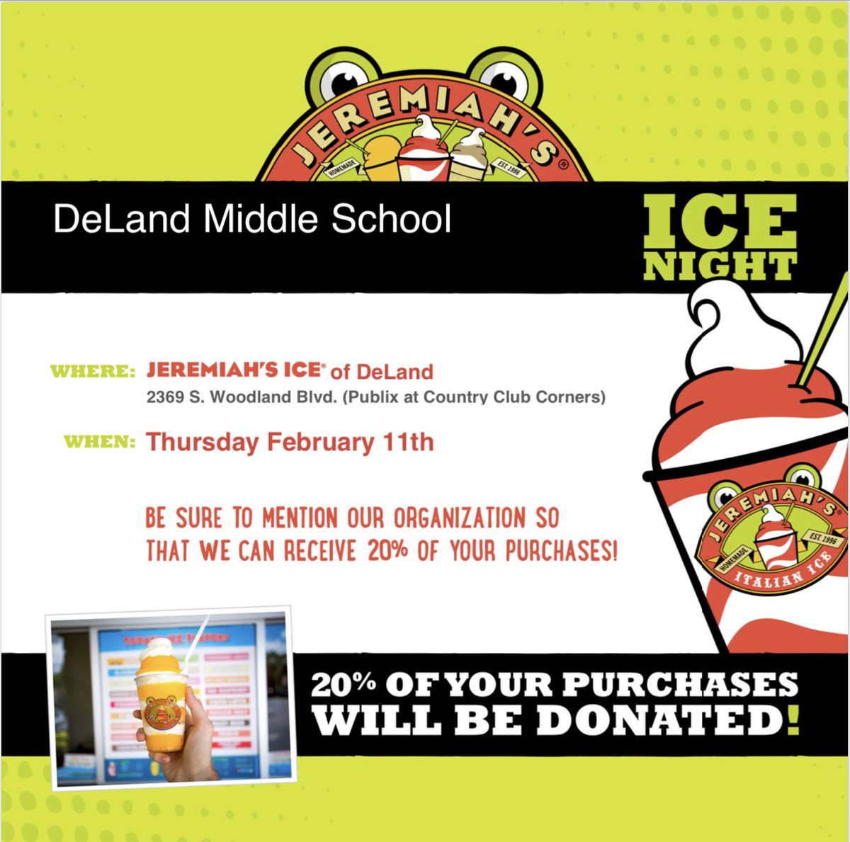 Join us for our first Spirit “Ice Night” this Thursday at Jeremiah’s Italian Ice in Deland. You can visit Jeremiah’s anytime on Thursday and mention Deland Middle at checkout! #dmsterriers <a href="/jrdevito19/">John R. DeVito</a> <a href="/KARainge/">Kemisha Ann Rainge</a> <a href="/BrianGoddard17/">Brian Goddard</a> <a href="/R_Mahaney/">Ryan Mahaney</a>