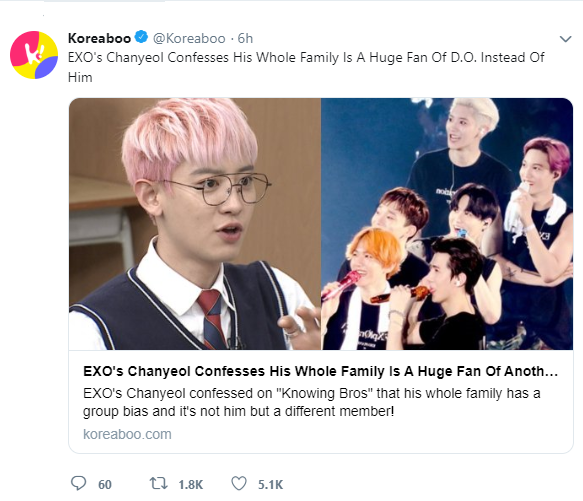 As such, Chanyeol's whole family has also become fund of Kyungsoo. Yoora's favorite member is DO. Chanyeol's mom would refer to herself as an "eomma" to DO.
